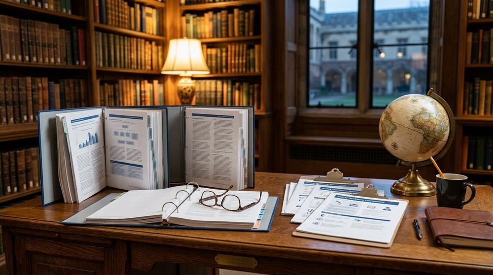 Standards documents and compliance guides on a desk