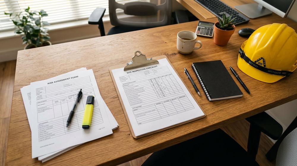 Printable safety checklists and templates on a clipboard