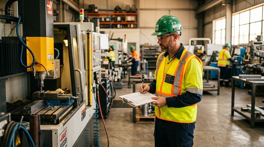 Worker identifying hazards during a workplace safety walk-through
