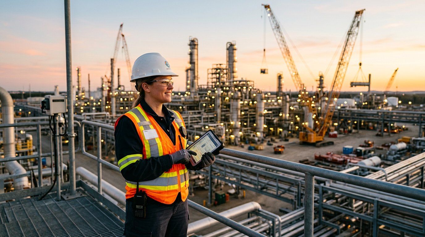 HSE professional reviewing a digital checklist on an industrial site at dusk